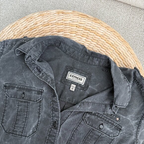 Express Washed Black / Gray Lyocell Utility Boyfriend Shirt - Picture 5 of 6